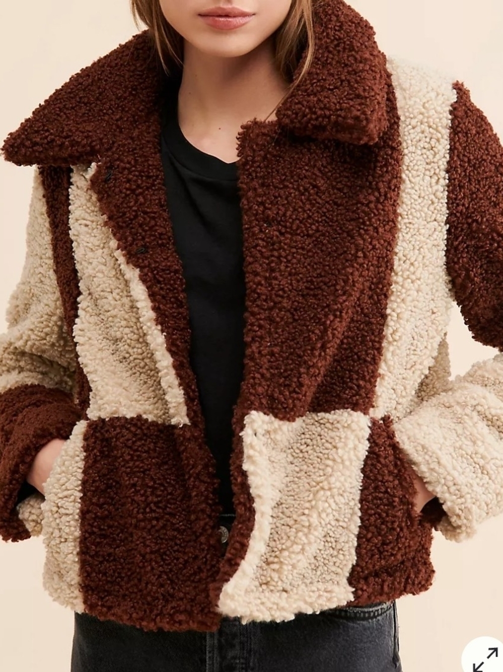 Anthropologie Colorblock Teddy Jacket in Brown and Cream